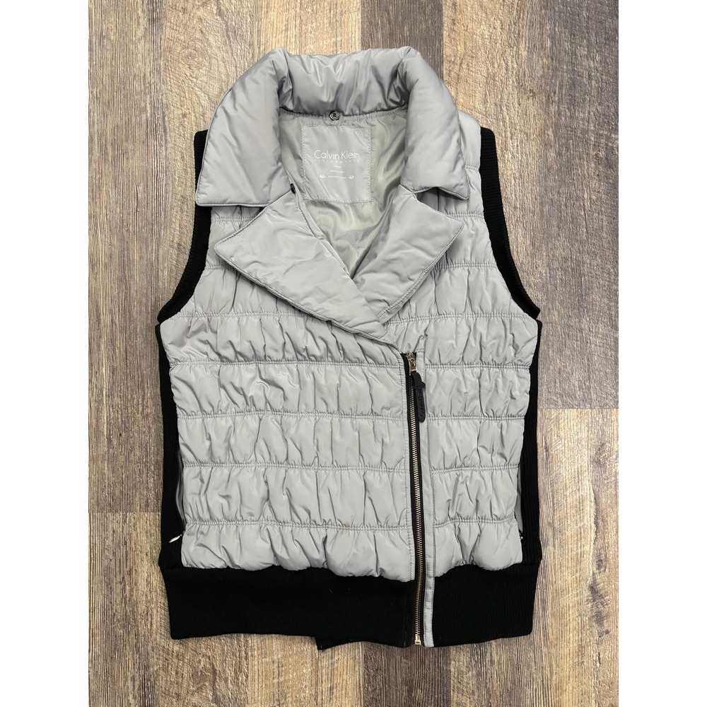 Calvin Klein Performance Grey Puffer‎ Vest Asymmetrical Zip Ribbed Knit Large